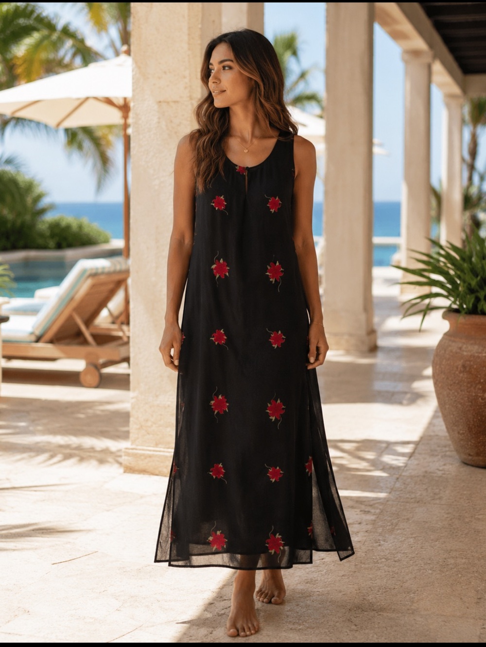 Llani 100% Silk Red Floral Hawaiian Midi Dress